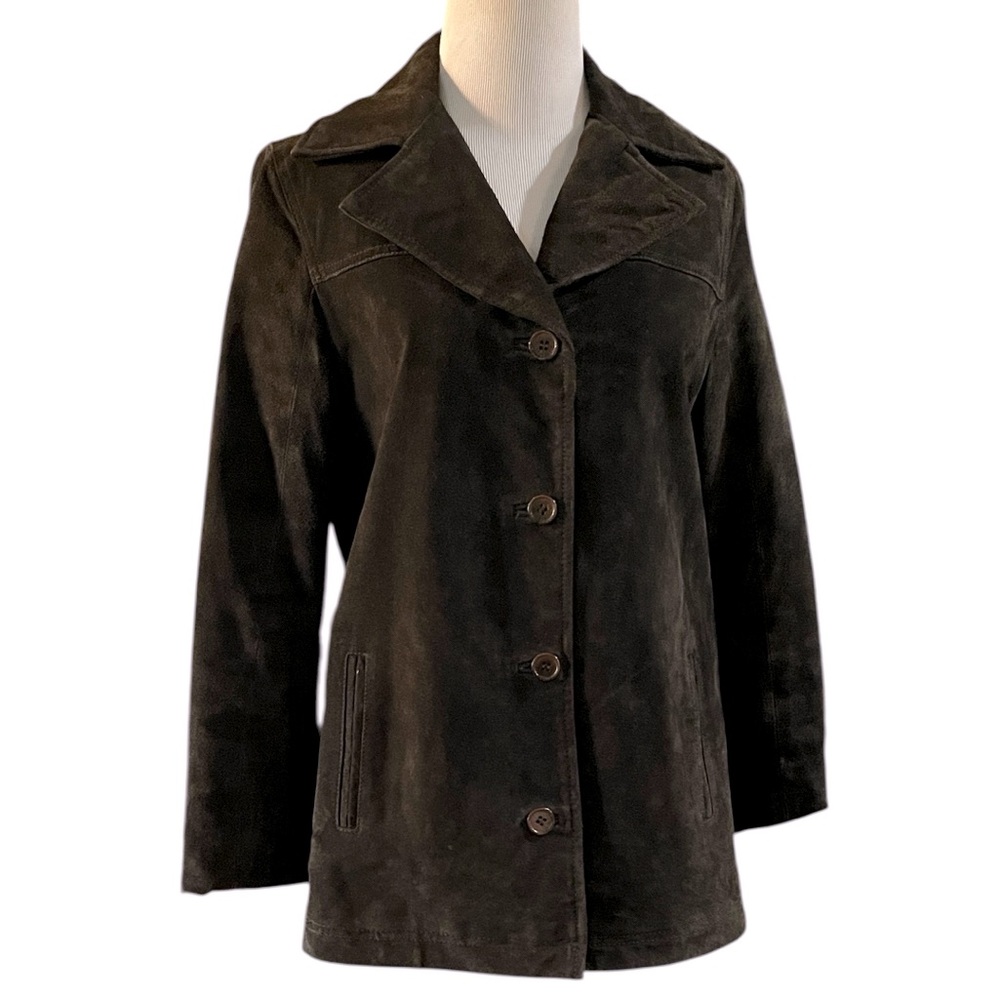 THE TERRITORY AHEAD SUEDE LEATHER BUTTON FRONT BLAZER JACKET DARK BROWN SIZE S